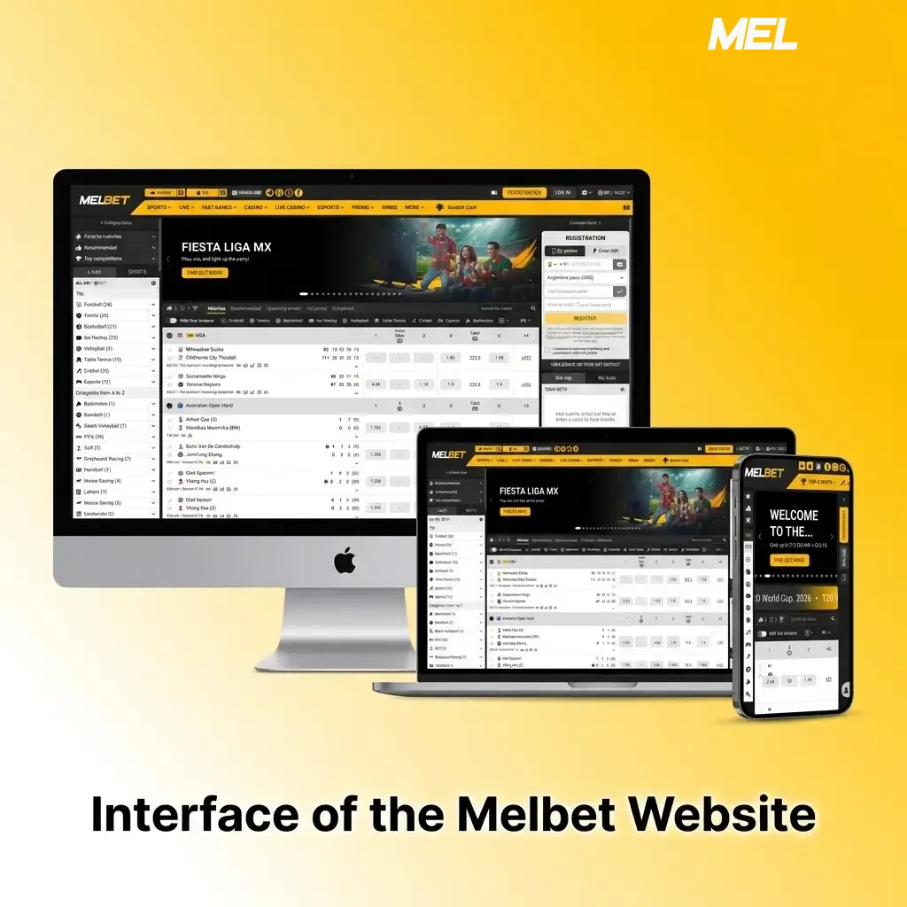 Melbet website interface showing top navigation bar with Sports, Live Betting, Casino, eSports, and Promotions sections