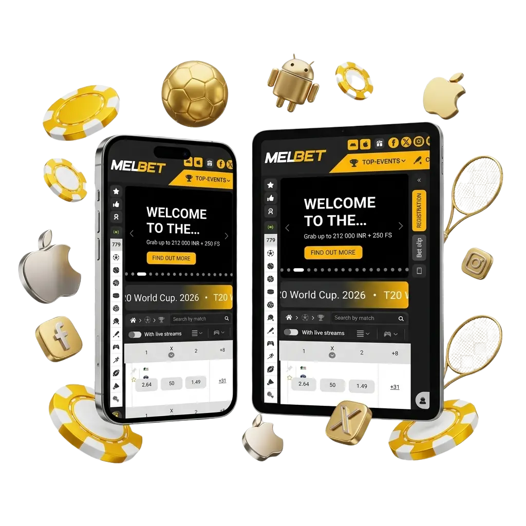Melbet Android app interface showing sports betting and casino games available for free APK download on mobile
