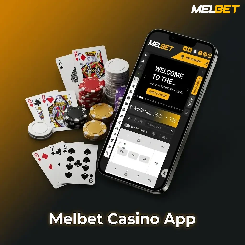 Melbet casino app interface showing slots, live casino, and table games from top providers like Evolution and Pragmatic Play