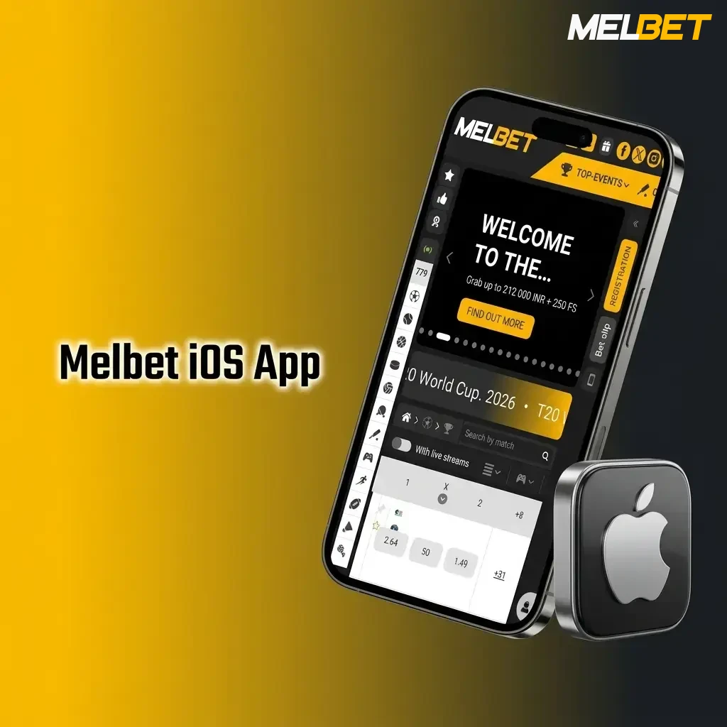 Melbet iOS app interface on iPhone and iPad showing sports betting and live casino features available on App Store