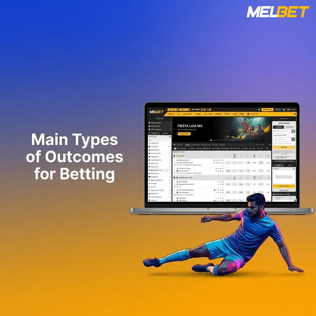 Melbet betting outcome types including 1X2, double chance, totals, handicap, and BTTS explained with examples