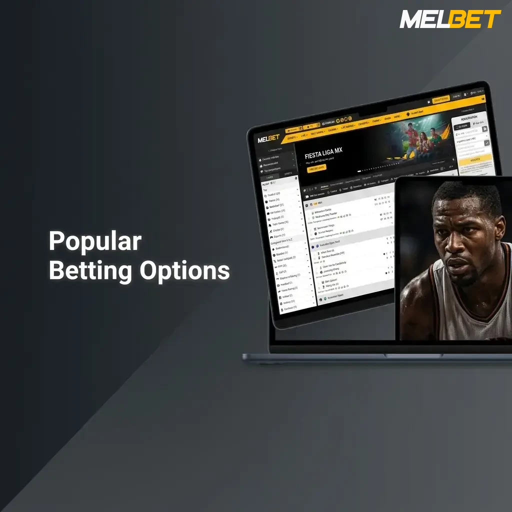 Melbet popular betting options including pre-match, live, accumulator, multi live, and long-term bets