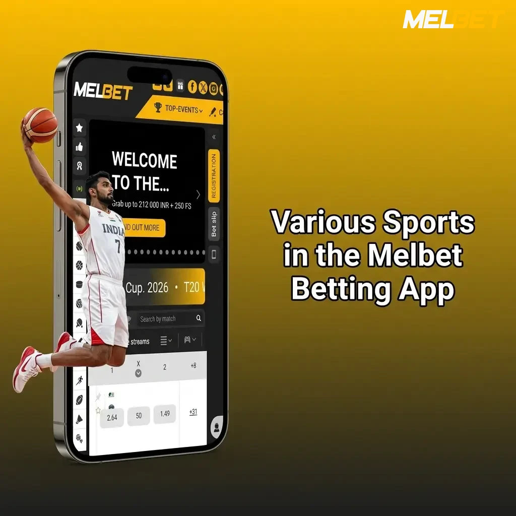 Melbet betting app sports options including cricket, football, kabaddi, tennis, basketball, and eSports events